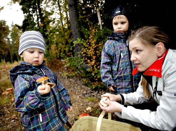 Nainen ja kaksi lasta metsässä, lapsella kädessä sieni ja naisella sienikori. 